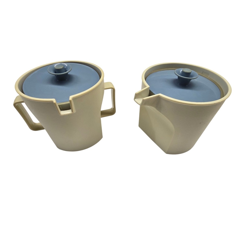 Vintage Tupperware Sugar Creamer Set Cream Blue MCM Kitchenware 1414 1415